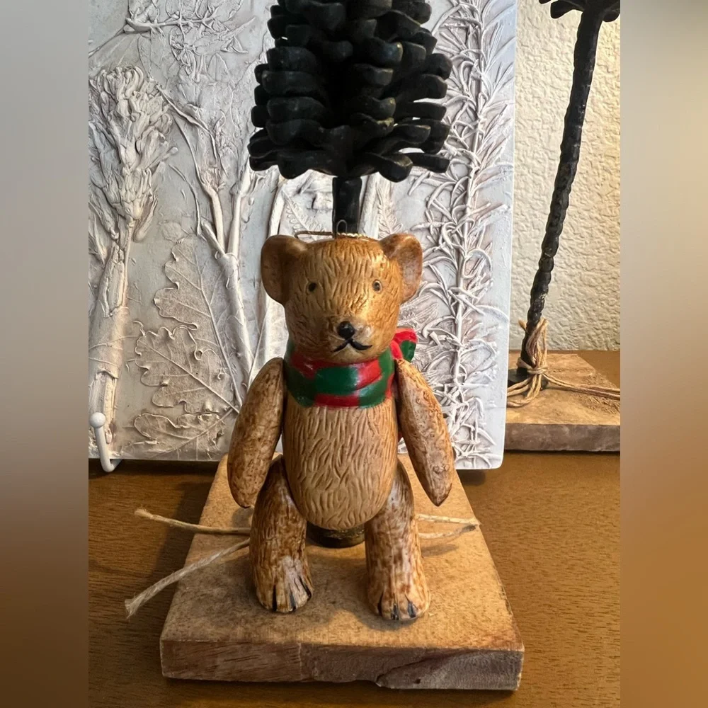 Vintage Brown Ceramic Teddy Bear Articulated Moveable Joints Christmas Ornament